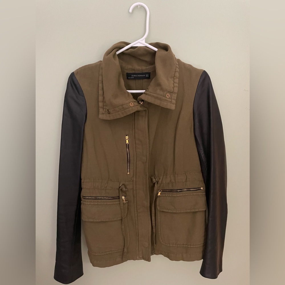 Zara Army Jacket With Leather Sleeves